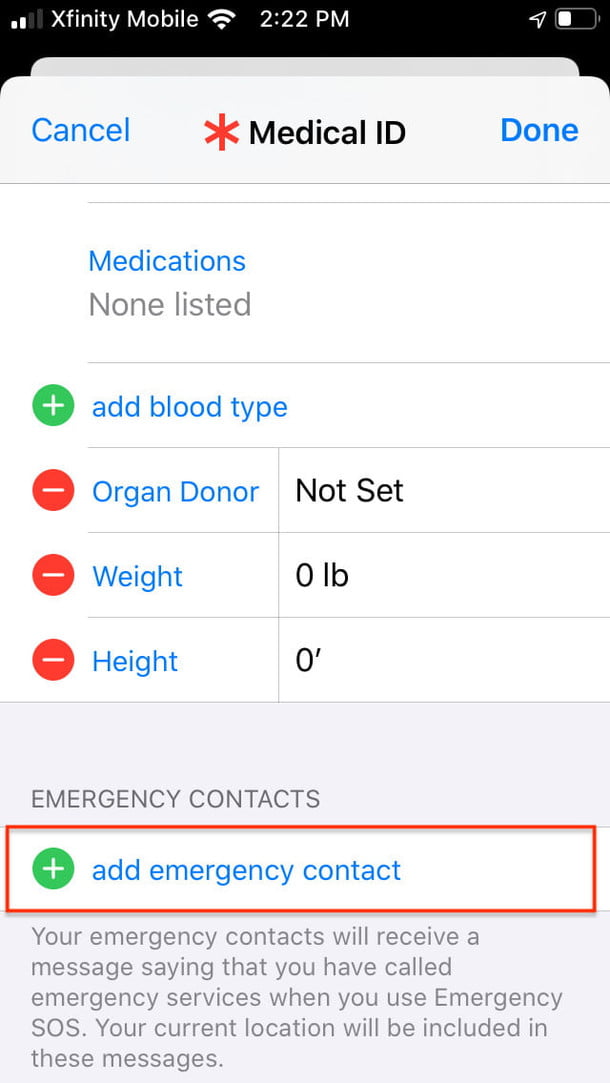Captura para configurar Medical ID
