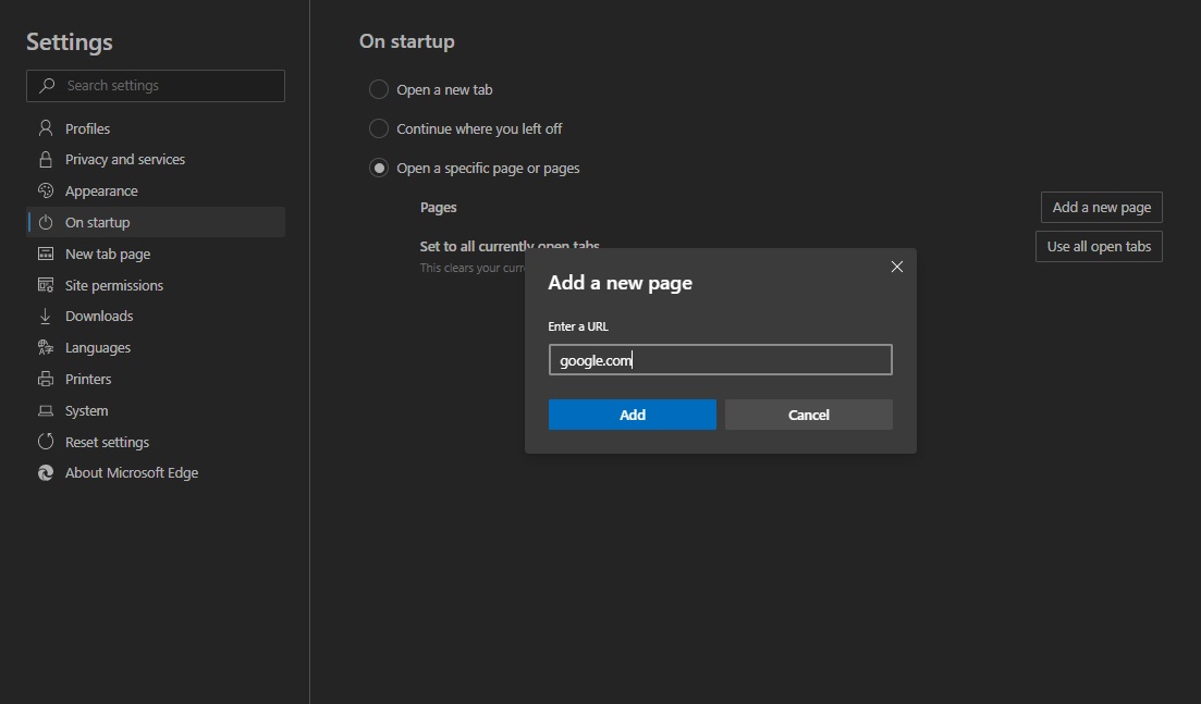 Establecer Google como página de inicio pantalla de Microsoft Edge