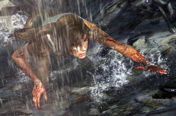 una imagen del videojuego Tomb Raider con un hombre subiendo unas paredes
