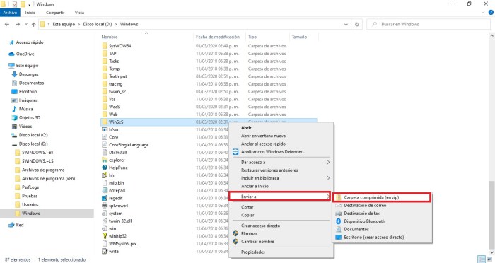 Explorador de archivos de Windows 10 con la opcion de comprimir una carpeta con archivos