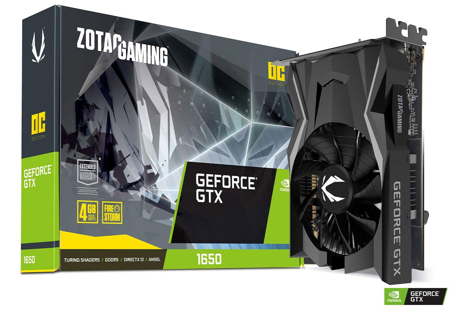 La mejor tarjeta gráfica compacta para edición de video: Nvidia GTX 1650 Mini ITX vista en su empaque comercial tipico color verde