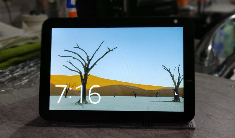 pantalla de una echo studio de amazon con una portada de una planta en el desierto