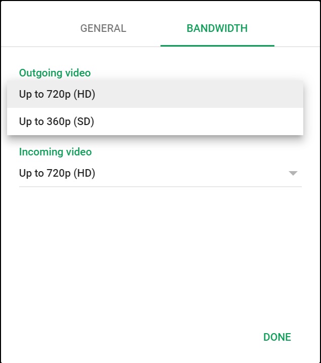 Pantalla para seleccionar calidad de video en Hangouts