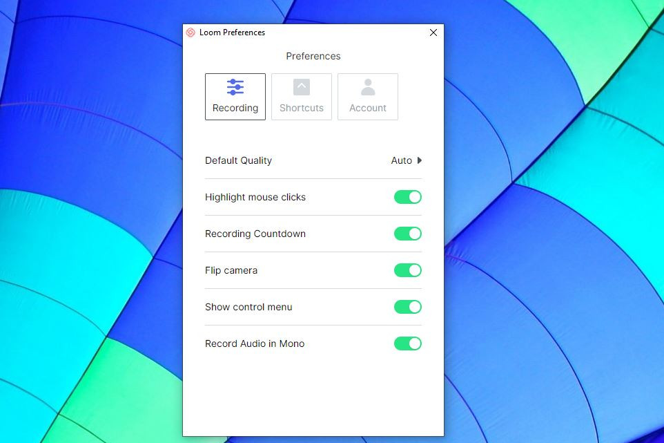 Menu de grabación de Loom