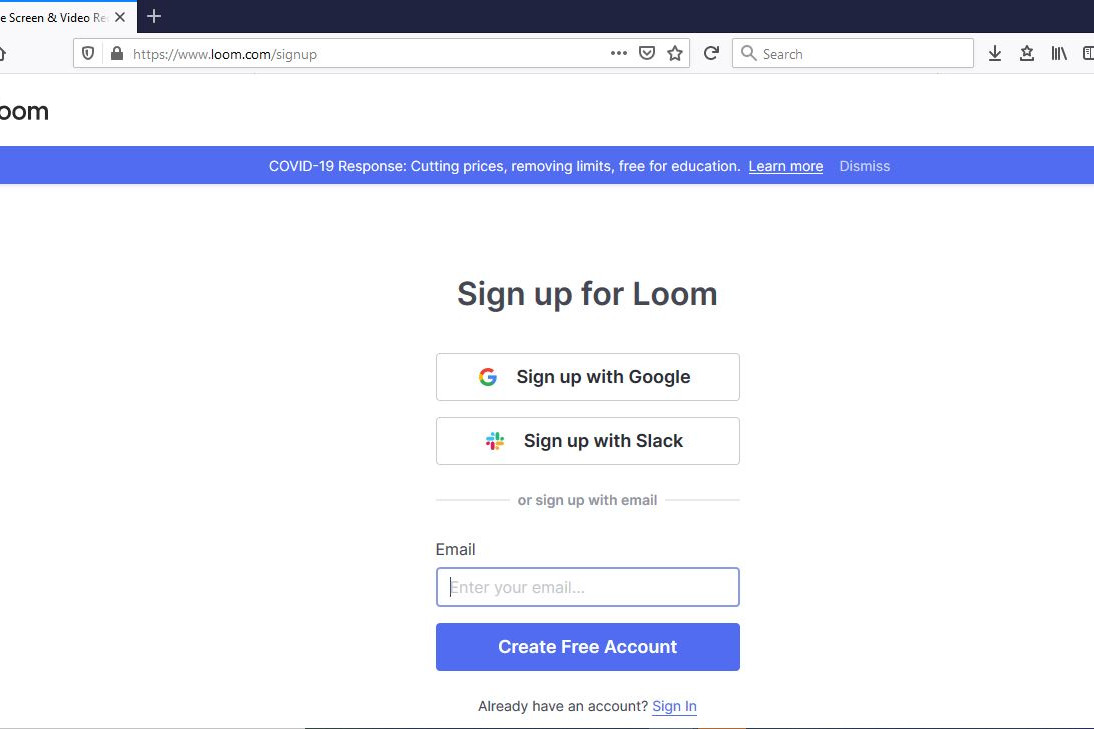 Página de registro de Loom