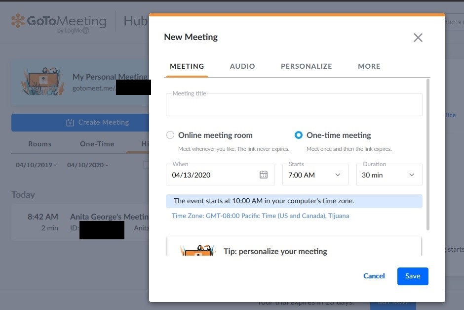 Opción para configurar reunión vía Hub