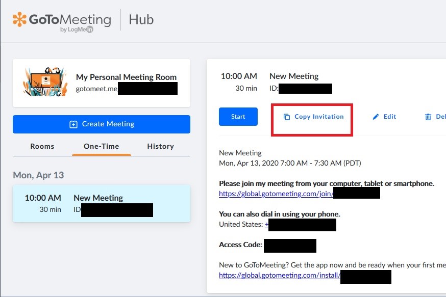 Opción para enviar invitaciones para reunión
