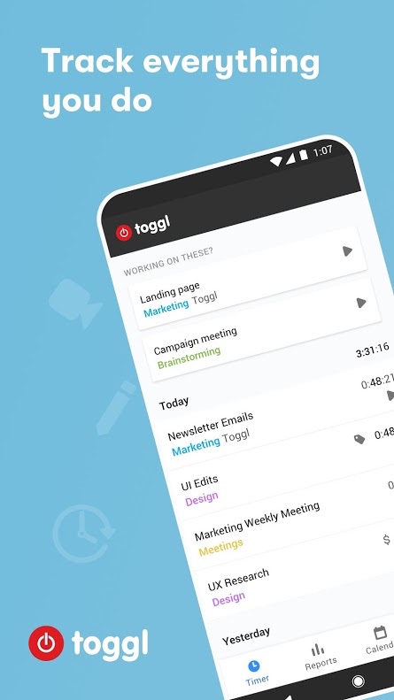 Pantallas de Toggl en un celular