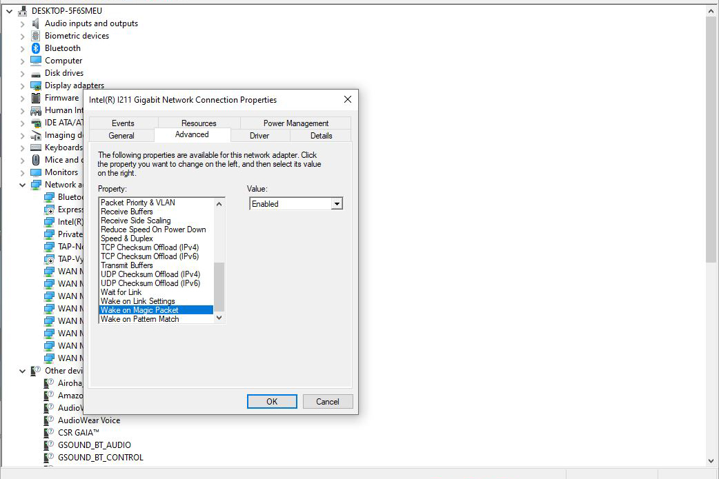 Administrador de dispositivos en Windows 10 para configurar WoL