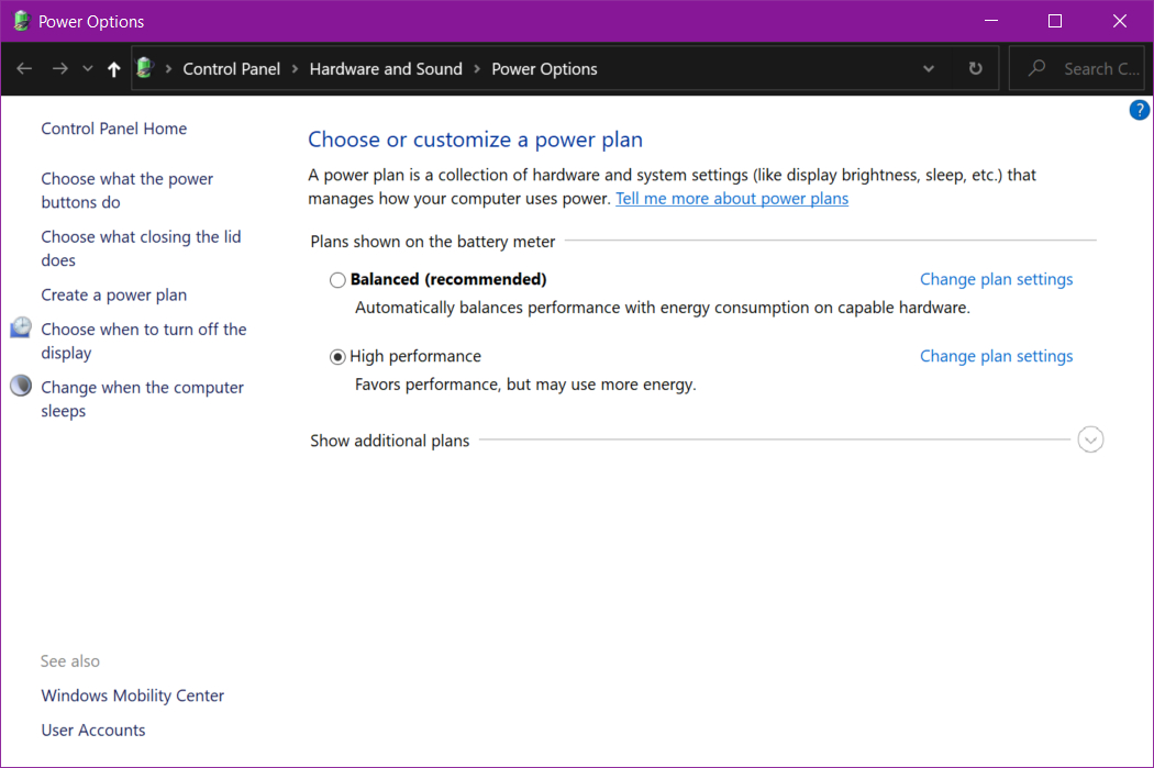 Pantalla de configuración de energía en Windows 10