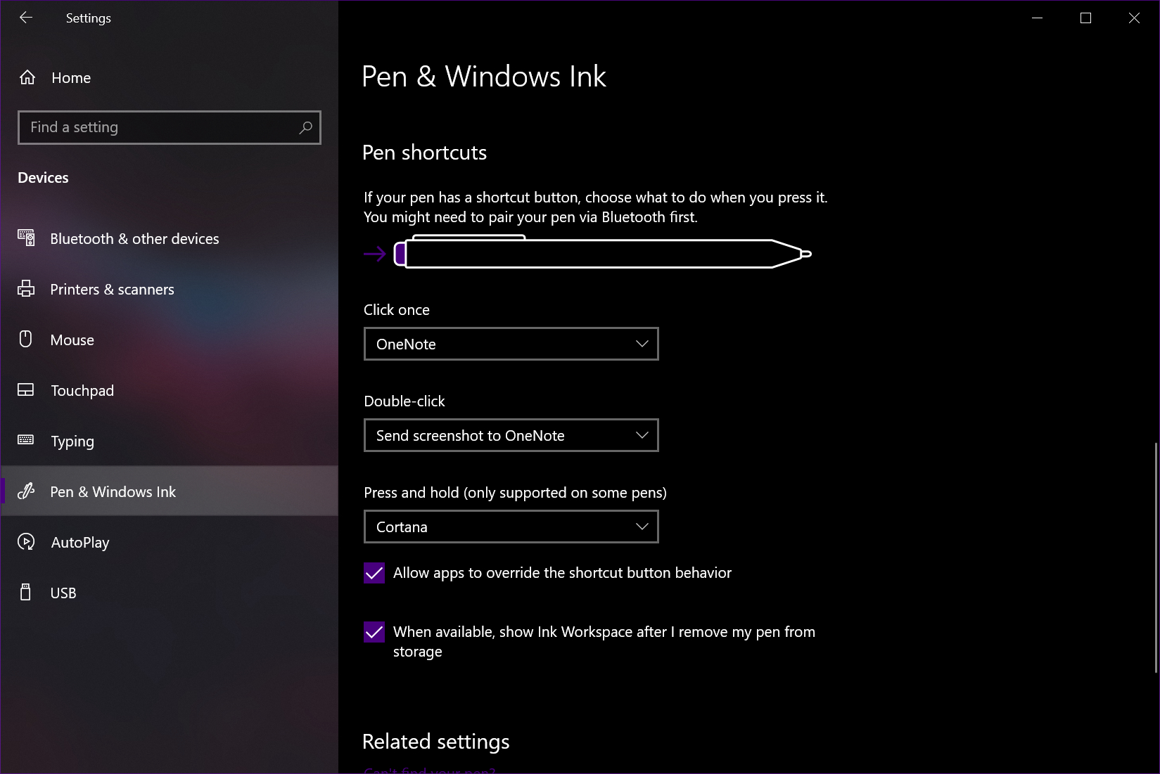Pantalla de configuración de un Surface Pen en Windows en una Surface