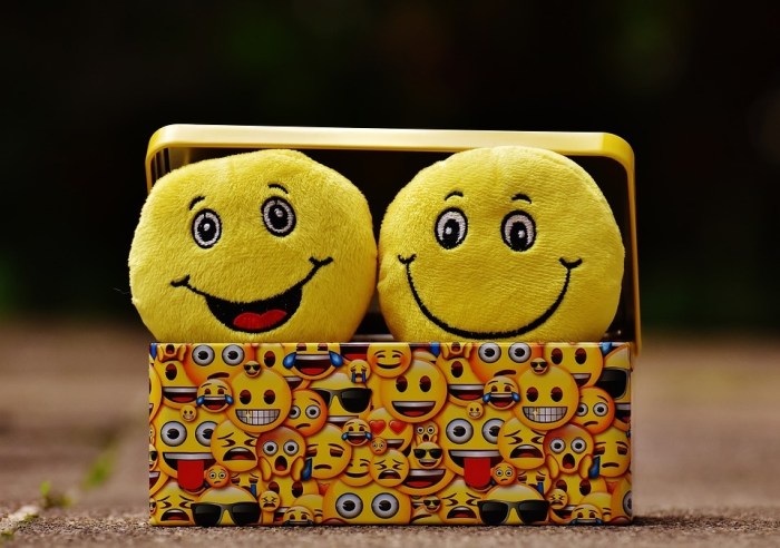 Una caja forrada con emojis con dos peluches de emojis