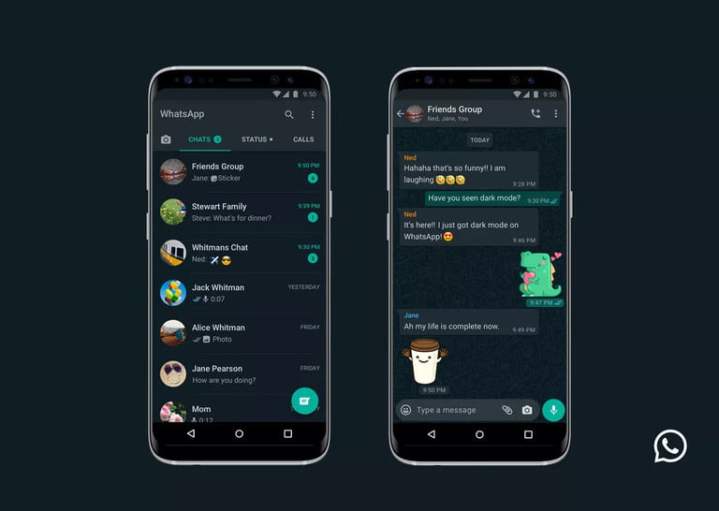 Android mobile screens show WhatsApp in dark mode