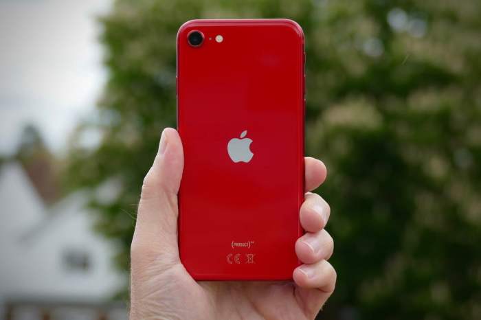Una persona sostiene un Un teléfono iPhone SE 2020 de color rojo