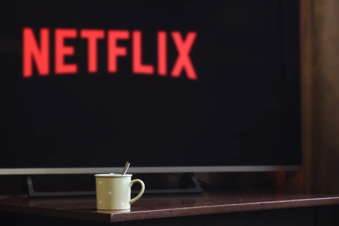 Un televisor con el logo de Netflix y una taza de café sobre la mesa