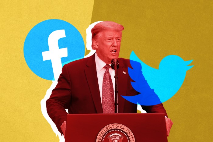 Trump con logos de Twitter y Facebook