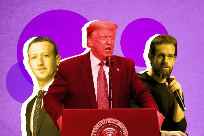 Trump in front of Jack Dorsey and Mark Zuckerberg stylized image