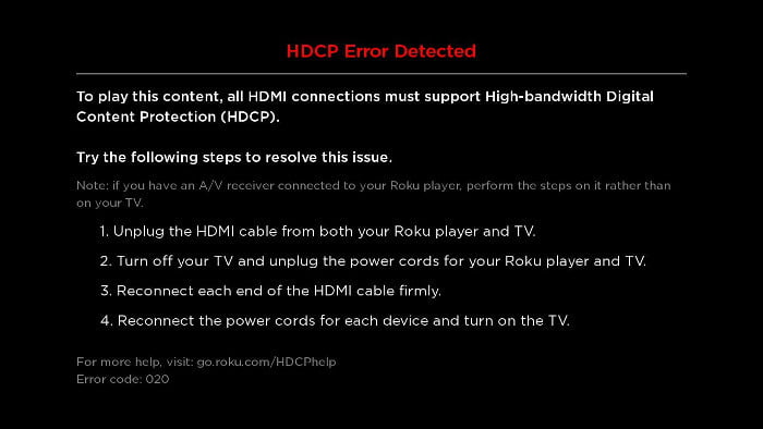 Mensaje de error de Roku sobre HDCP