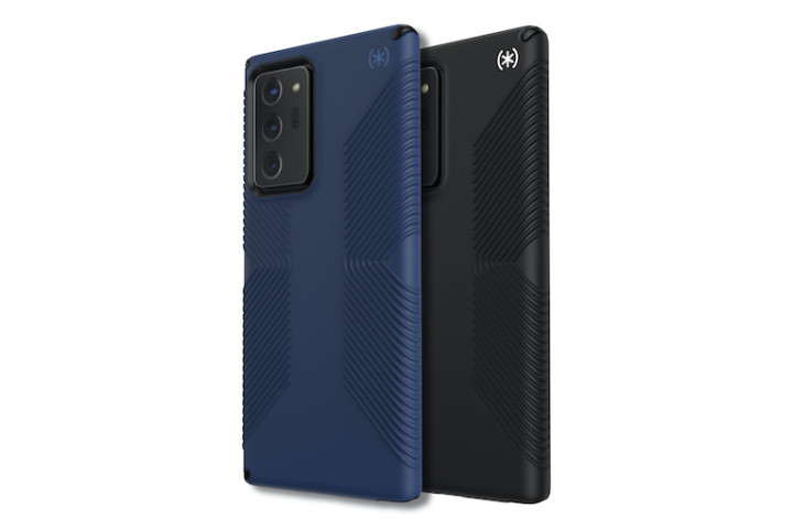 La foto muestra dos fundas Speck Presidio 2 Grip para el Samsung Galaxy Note 20, una en azul y otra en negro.