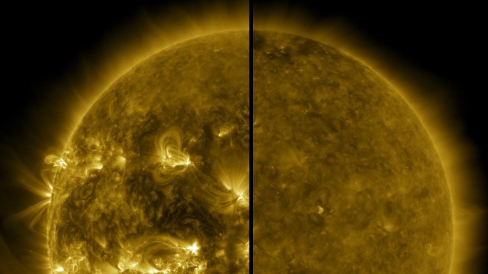 La imagen muestra la diferencia entre un Sol activo durante un máximo solar y un Sol tranquilo durante un mínimo solar.