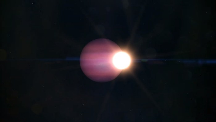 Ilustración del planeta WD 1856 b y la enana blanca que orbita.