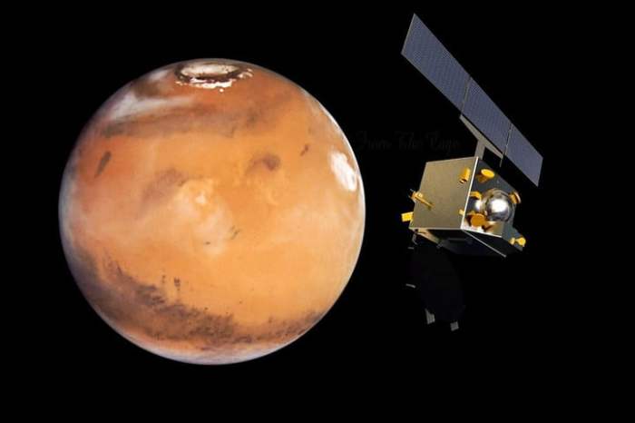 Vista de Marte junto a un satélite artificial para conocer todas las misiones al planeta Marte