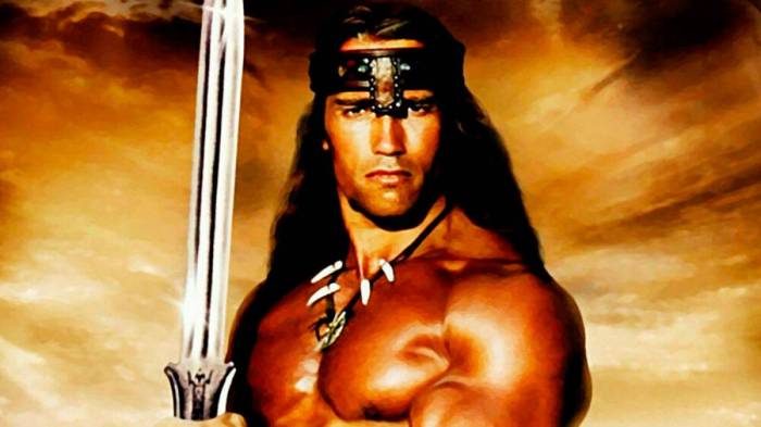 La imagen muestra a Conan el Bárbaro interpretado por Arnold Schwarzenegger.