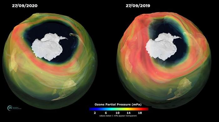 La imagen muestra cómo ha crecido el agujero en la capa de ozono el último año.