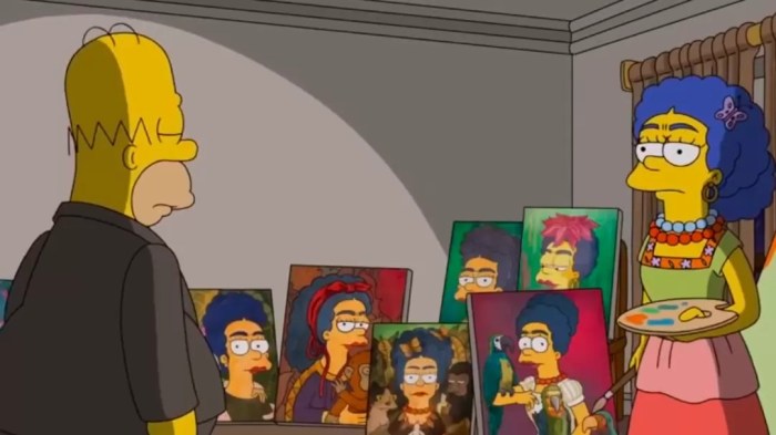 La imagen muestra a Marge y a Homero de Los Simpson como Frida Kahlo y Diego Rivera.