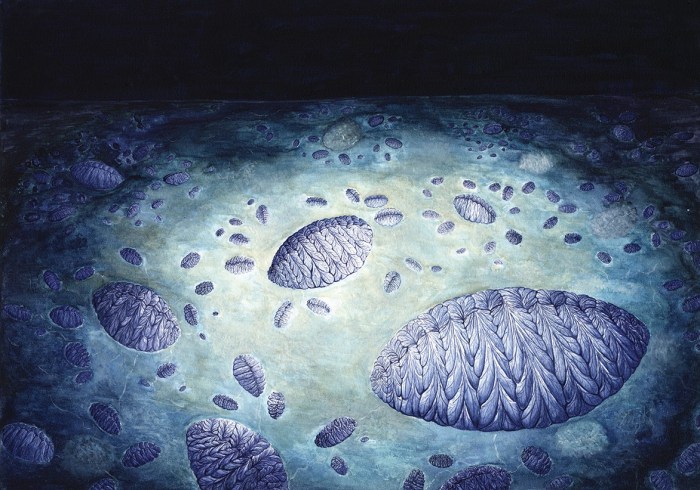 La imagen muestra una recostrucción de microorganismos cubriendo el lecho marino hace 560 millones de años.
