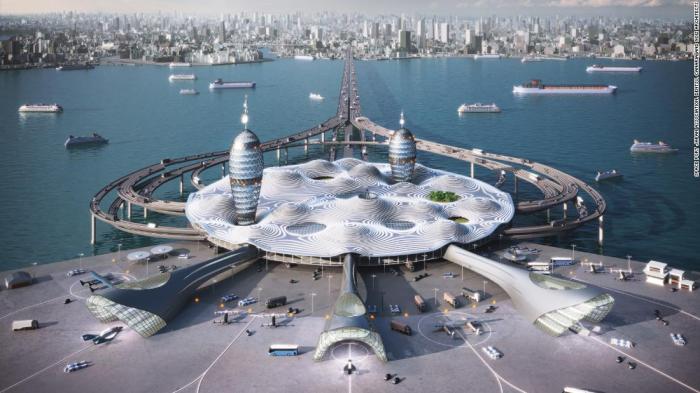 La imagen muestra el diseño del Aeropuerto Espacial pensado para Japón.