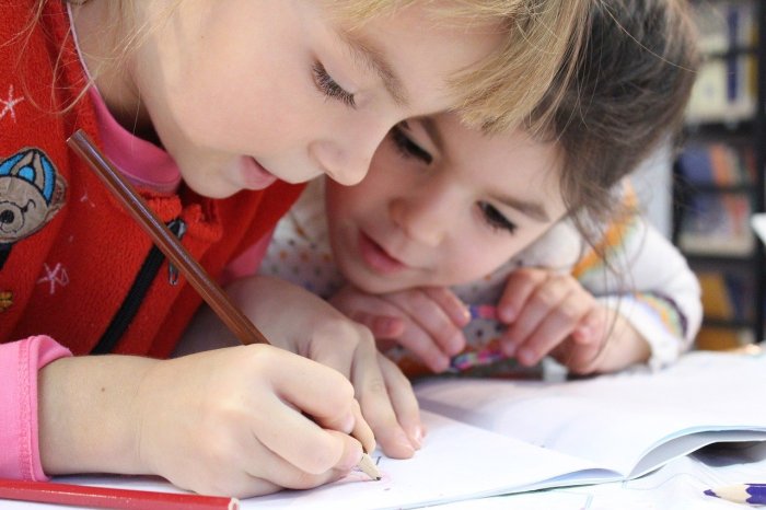 La imagen muestra a dos niños estudiando.