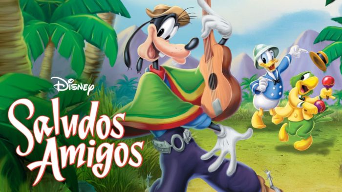 La imagen muestra el afiche de Saludos Amigos, cinta animada de Disney de 1942.