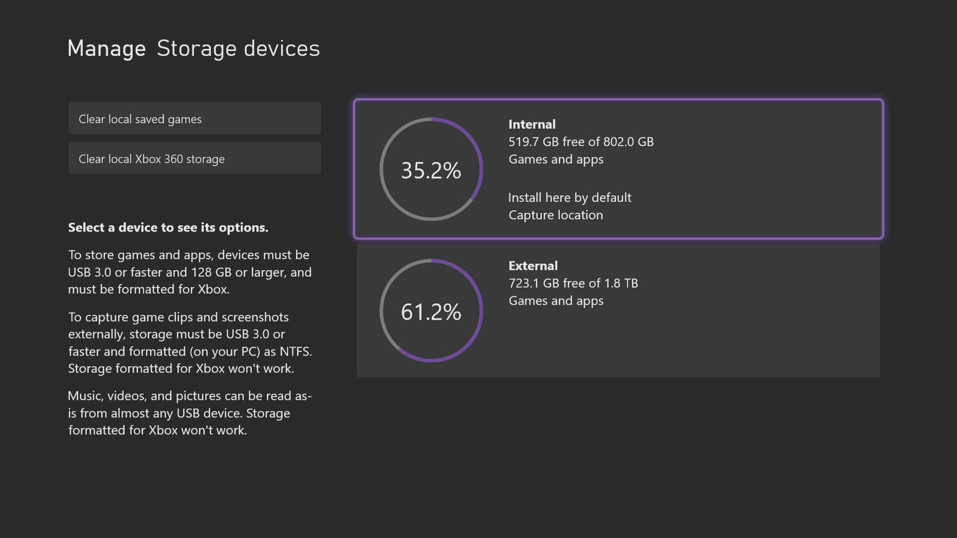 Pantalla de configuración Xbox Series X para configurar el almacenamiento