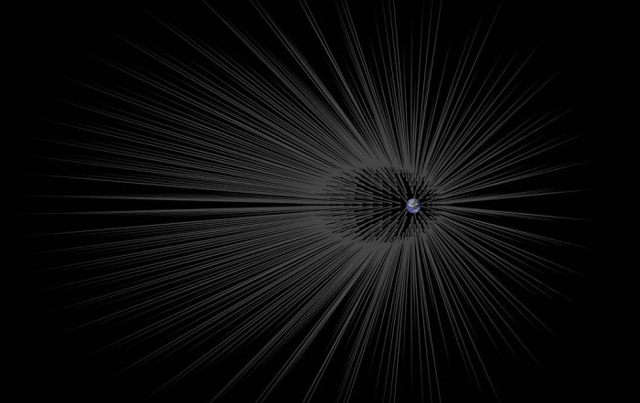 La imagen muestra filamentos de materia oscura emergiendo desde la superficie de la Tierra.