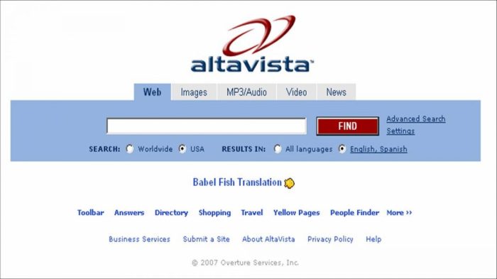 La imagen muestra la apariencia del antiguo buscador AltaVista.