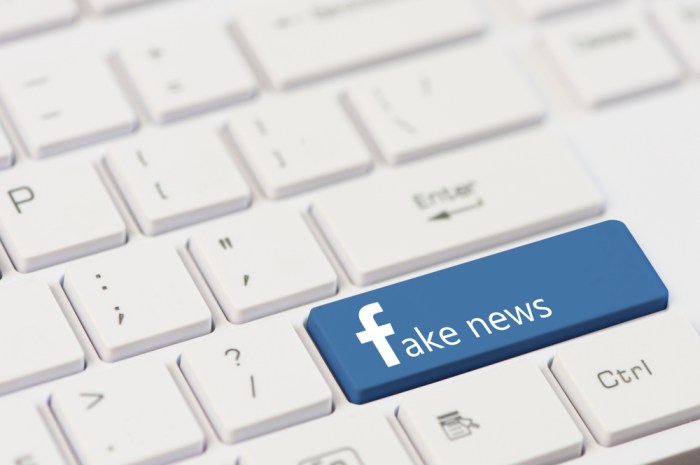 La imagen muestra una representación de las noticias falsas en las redes sociales, específicamente en Facebook.