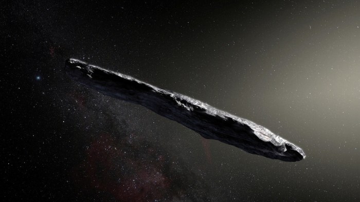 La imagen muestra una representación del asteroide Oumuamua
