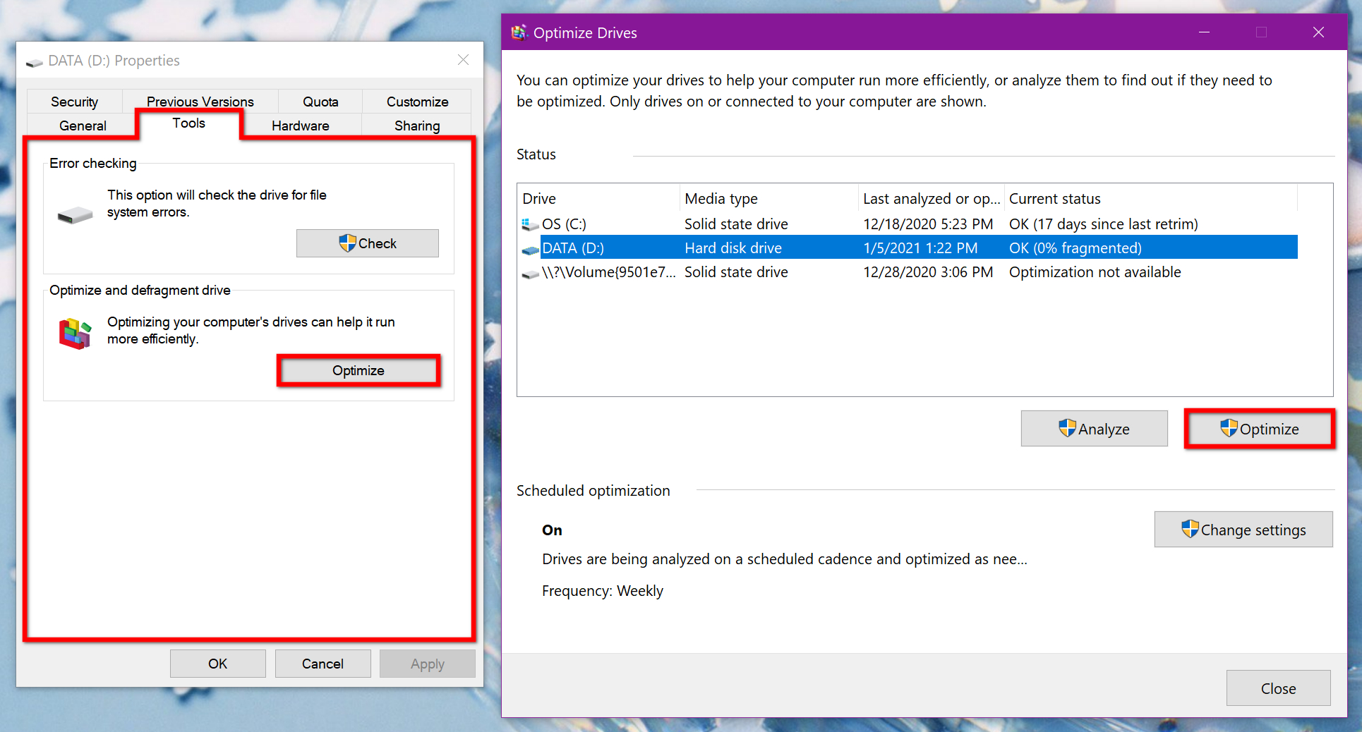 Pantalla de utilidad Desfragmentar de Windows