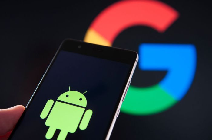 La imagen muestra en primer plano un celular con el logo de Android.