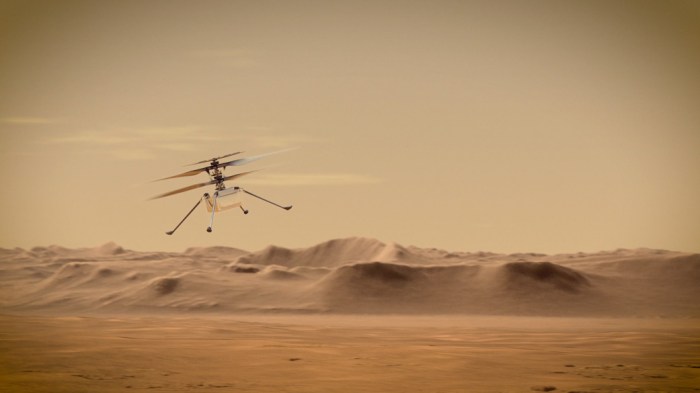 La imagen muestra una simulación del helicóptero Ingenuity que acompaña al rover Perseverance.
