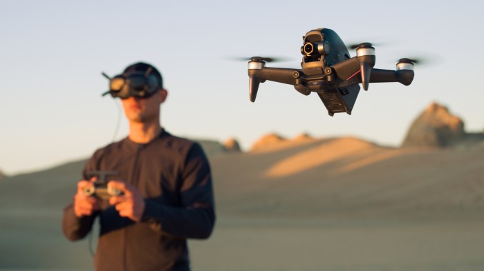Un dron DJI controlado por las gafas FPV de vuelo en primera persona