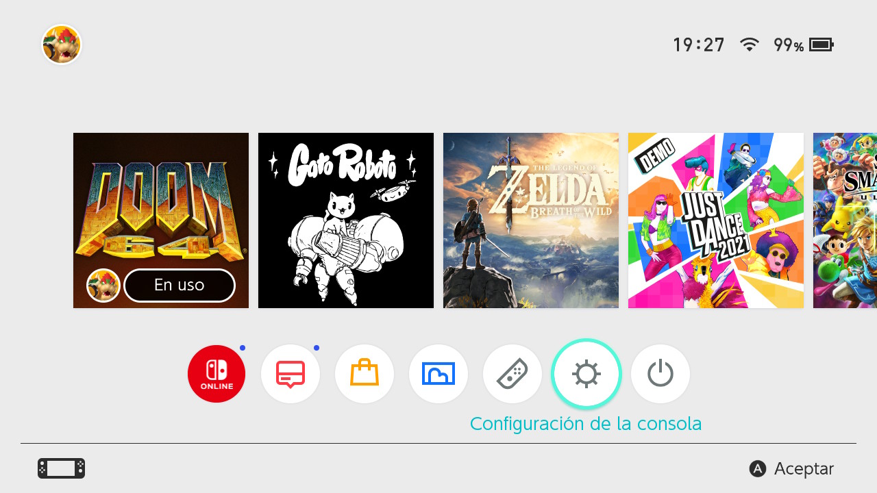 Pantalla de inicio de una Nintendo Switch