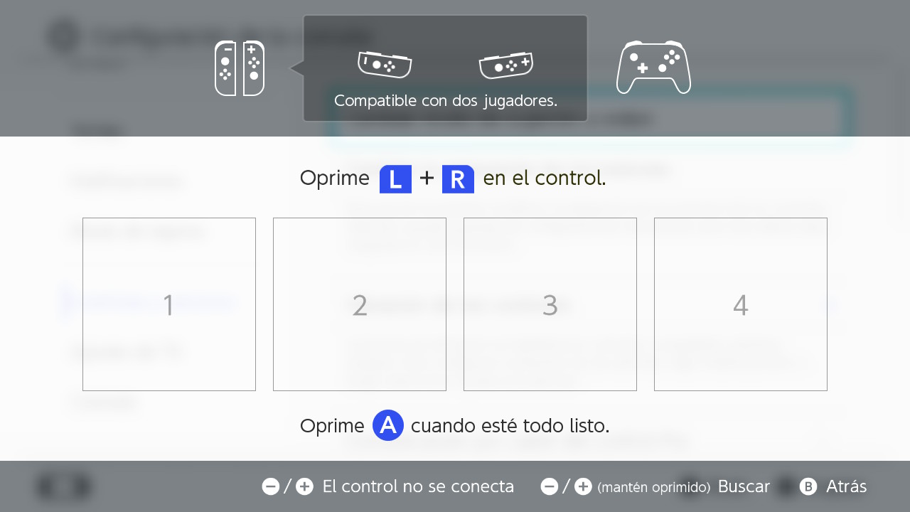 Pantalla de selección de controles en Nintendo Switch