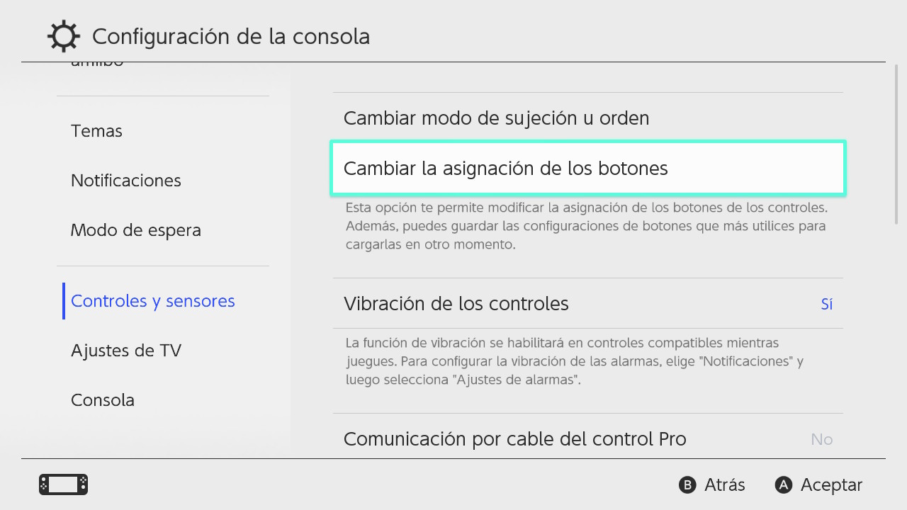Menú "Controles y sensores" de la Nintendo Switch