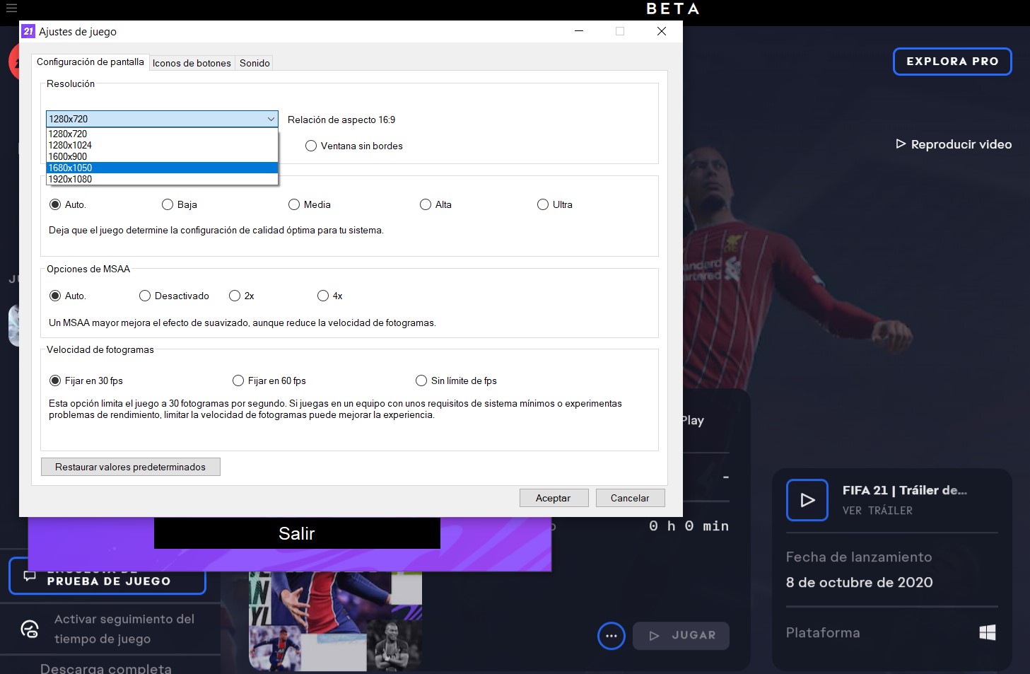 La pantalla de ajustes gráficos de FIFA 21 para PC