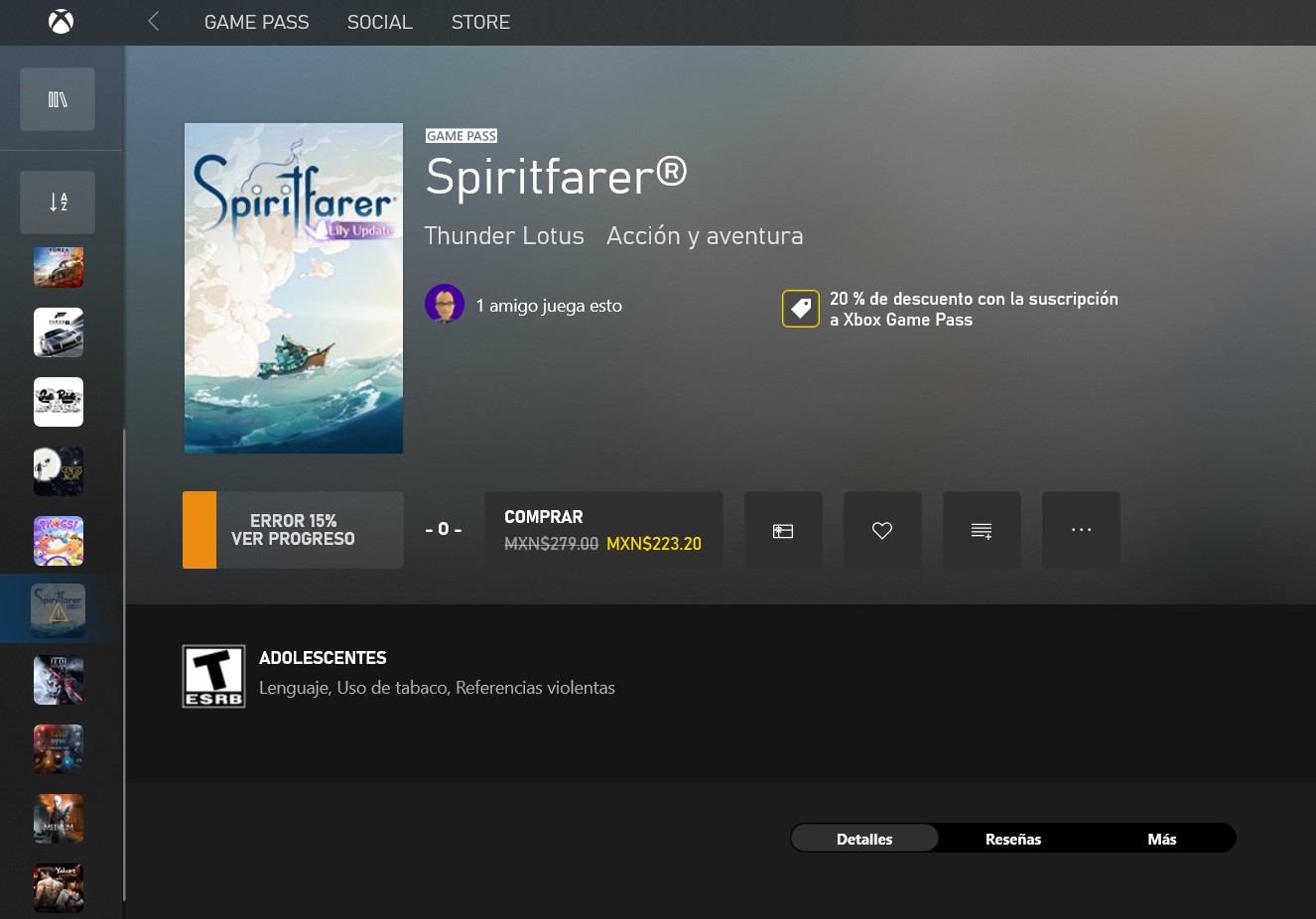 Un error al descargar un juego en Game Pass