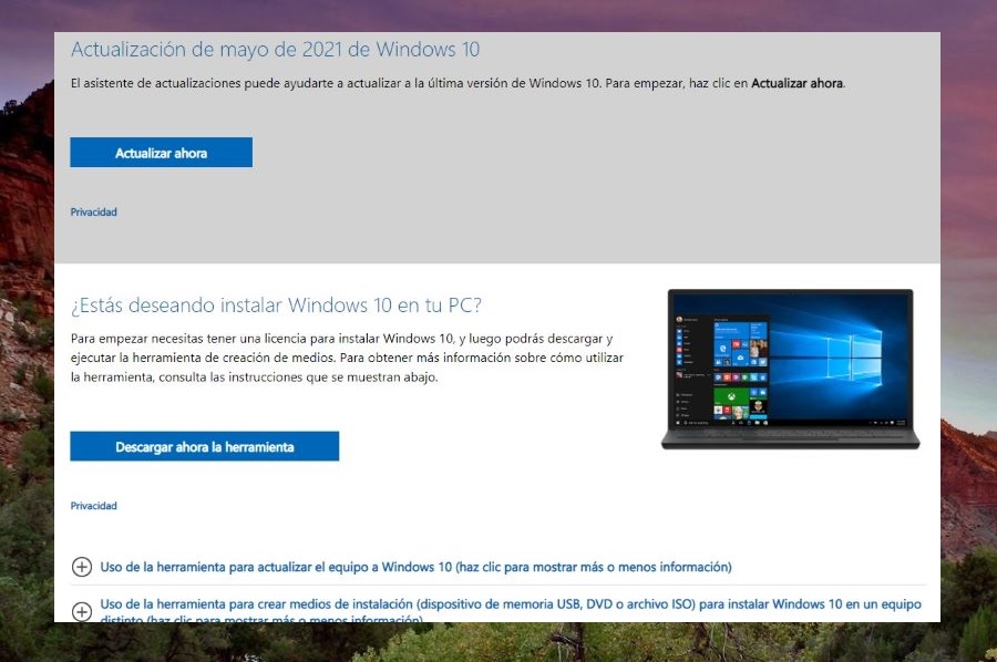 Pantalla para descargar herramienta y descargar Windows 10 ISO
