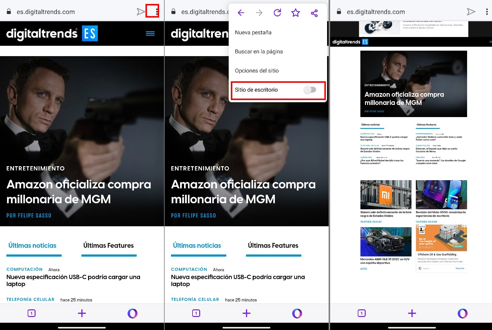 Activar vista de escritorio en Opera Touch
