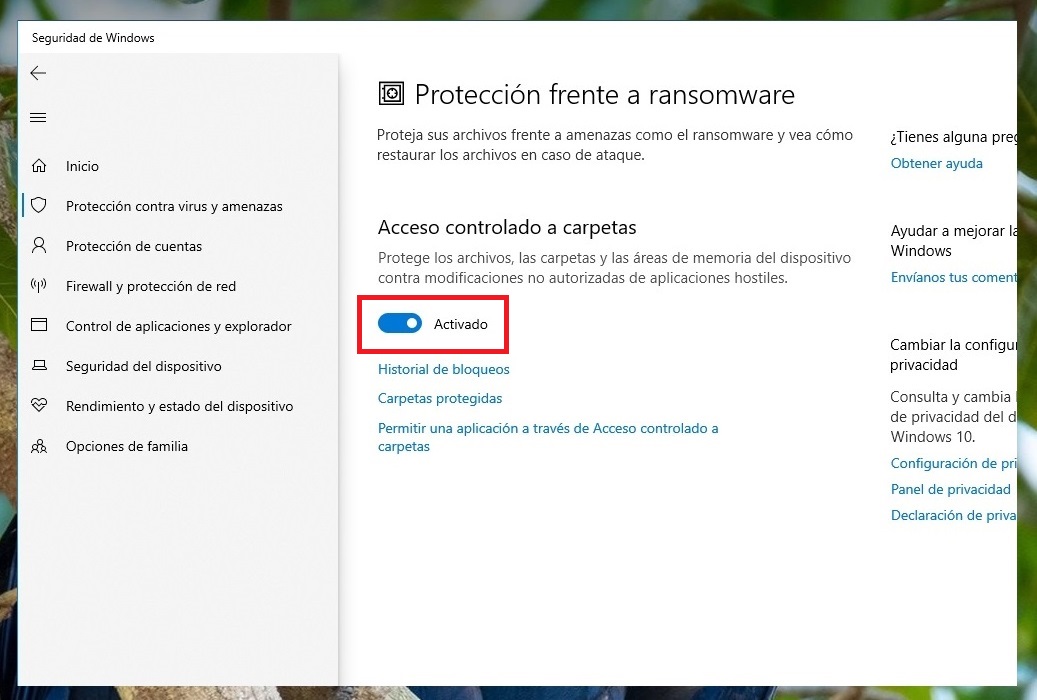 Menú para activar la protección contra ramsomware